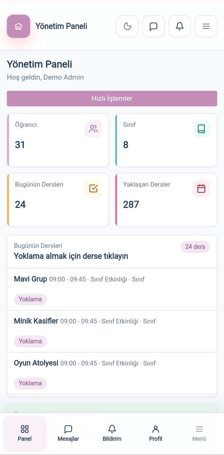 Arkeron Pre School yönetim paneli — öğrenci, sınıf ve günlük ders istatistikleri